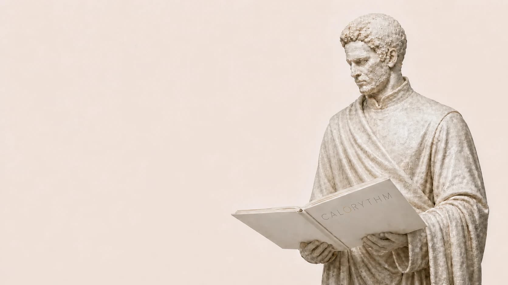 Mermer bir editörün açık CALORYTHM foliosundan beslenme biliminin farklı katmanlarını gösteren sayfalar yükseliyor.