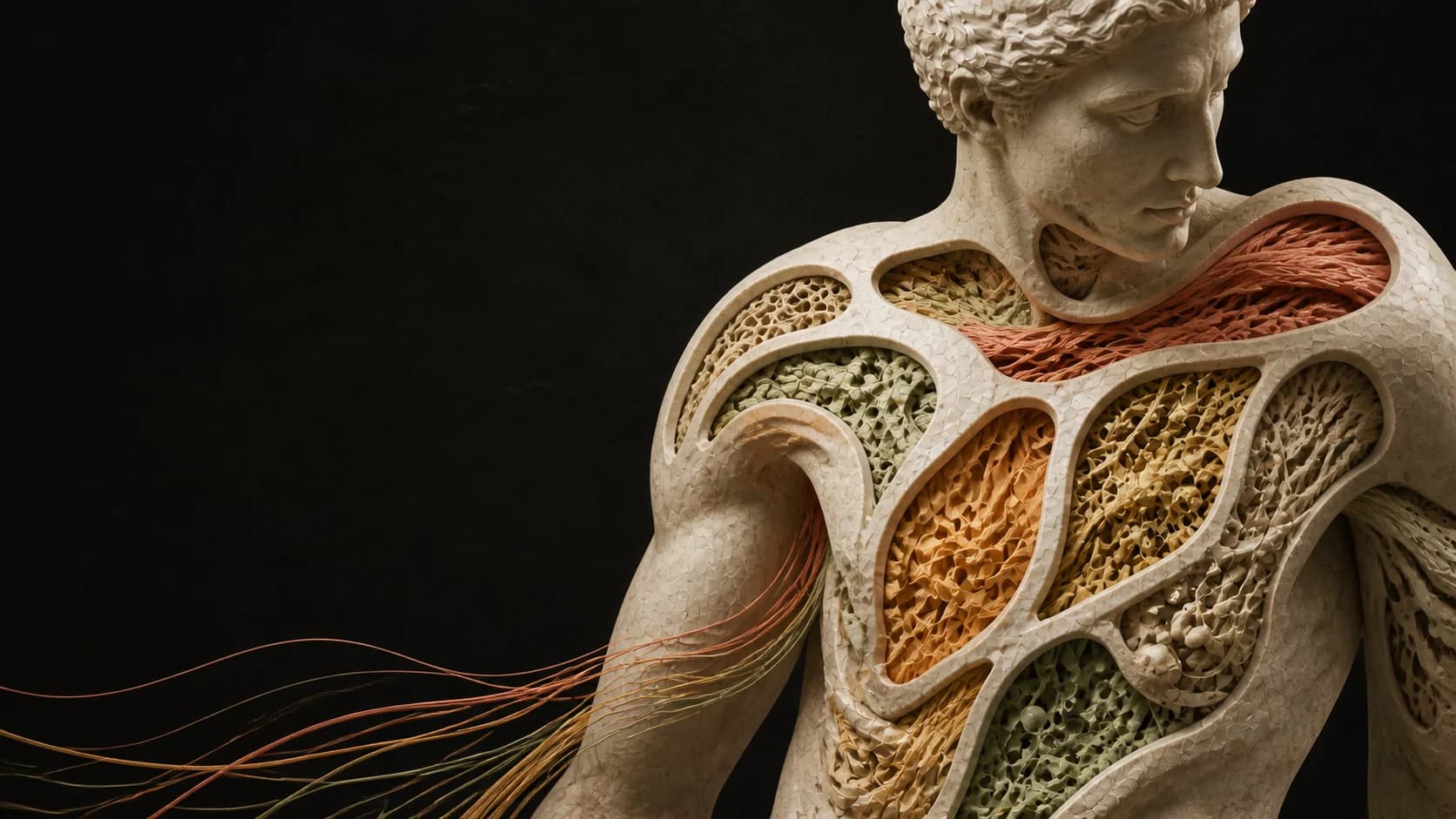 Protein atlası kapak görseli: katmanlarında farklı protein dokuları görünen taş bir beden